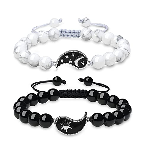 COAI Geschenkideen Partner Armbänder aus Obsidian und Howlith mit Sonne und Mond Charm für Sie und Ihn von COAI
