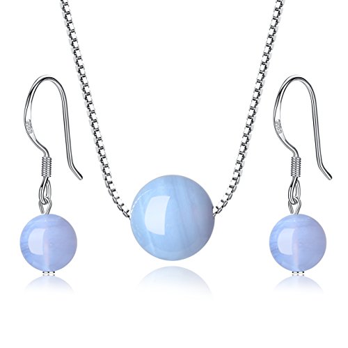 COAI Geschenkideen Schmuck-Sets 925 Sterling Silber Halskette mit Anhänger und EIN Paar Ohrhänger aus Chalcedon Blau für Damen von COAI