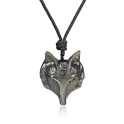 COAI Geschenkideen Tier Anhänger Glückskette mit Wolfskopf Anhänger aus Goldenem Obsidian von COAI