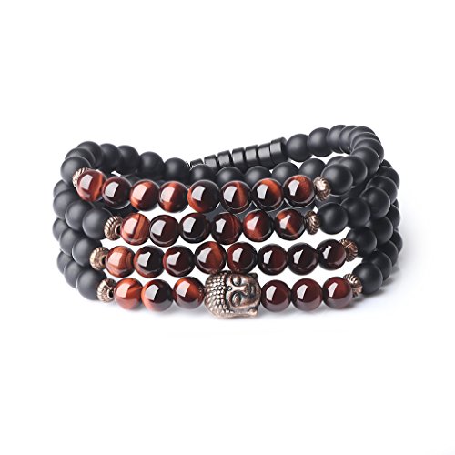 COAI Geschenkideen Unisex 108 Mala Gebetskette aus Matt Onyx und Tigerauge Rot mit Buddha-Kopf Wickelarmband Halskette von COAI