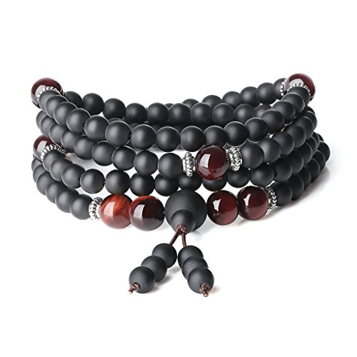 COAI Geschenkideen Unisex 108 Mala aus Edelsteine Matter Onyx und Rotes Tigerauge Wickelarmband von COAI