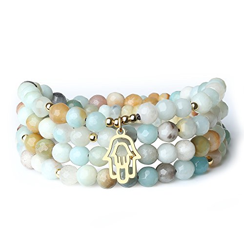 COAI Geschenkideen Unisex 108 Vielfärbige Amazonit mit Hamsa Hand Anhänger Buddhistische Gebetsarmband Glücksarmband Halskette von COAI