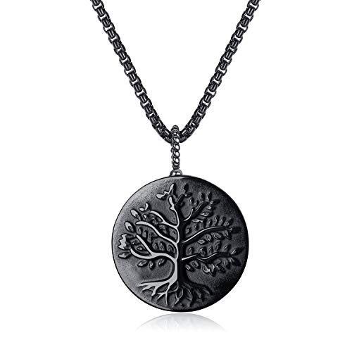 COAI Geschenkideen Unisex Edelstahl Halskette mit Lebensbaum Anhänger aus Obsidian Baum des Lebens Medaillon von COAI