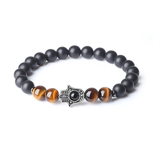 COAI Geschenkideen Perlenarmband aus Mattem Onyx und Gelbs Tigerauge Fatimas Hand Charmarmband für Damen Herren in Größe M von COAI