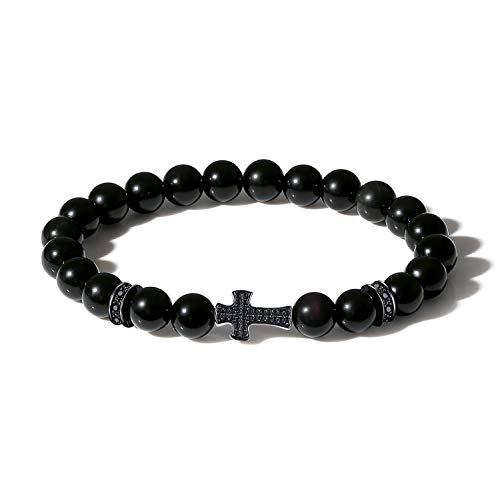 COAI Kristall Perlenrmband aus Echter Obsidian mit Kreuz Charm Edelsteinarmband für Damen Herren Größe M von COAI