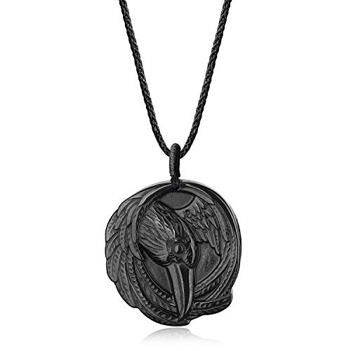 COAI Geschenkideen Unisex Glückskette aus Schwarzem Obsidian mit Raben Gravur Runder Anhänger Kolkrabe Fan Kette für Damen und Herren von COAI