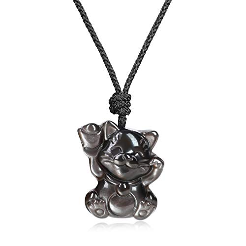 COAI Geschenkideen Unisex Halskette mit Glückskatze Anhänger aus Obsidian Silber Talisman Anhänger Amulett Halskette von COAI