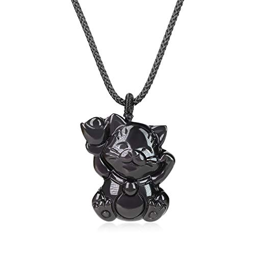 COAI Geschenkideen Unisex Halskette mit Glückskatze Anhänger aus Schwarzem Obsidian Talisman Anhänger Amulett Halskette von COAI