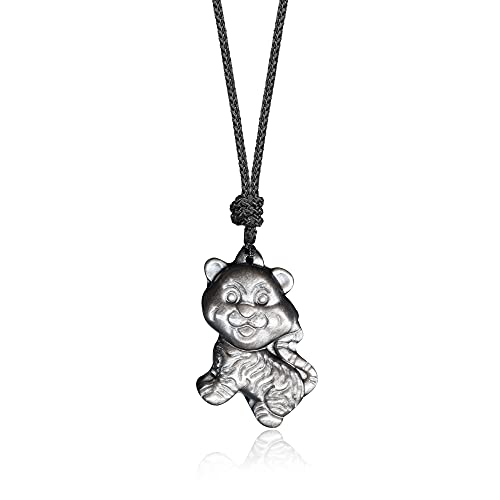 COAI Geschenkideen Unisex Halskette mit Niedlichem Tiger Anhänger aus Silbernem Obsidian von COAI