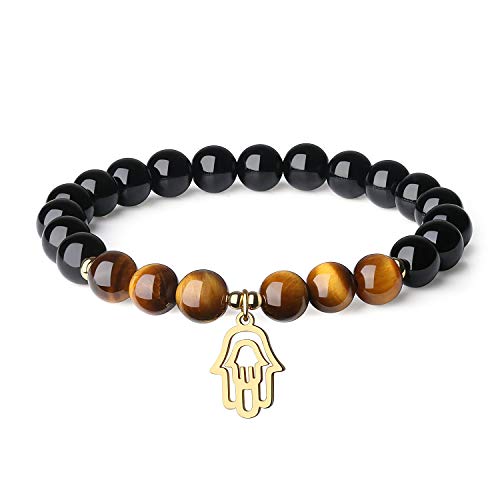 COAI Geschenkideen Unisex Reiki Armband aus Schörl Schwarzem Turmalin und Tigerauge mit Fatimas Hand Charm von COAI