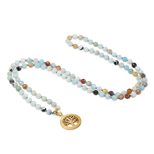 COAI Geschenkideen Unisex Verknotete 108 Mala Kette Meditationskette Gebetskette aus Facettiertem Amazonit mit Lebensbaum Charm von COAI