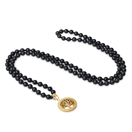 COAI Geschenkideen Unisex Verknotete 108 Mala Kette Meditationskette Gebetskette aus Mattem Onyx mit Lebensbaum Charm von COAI