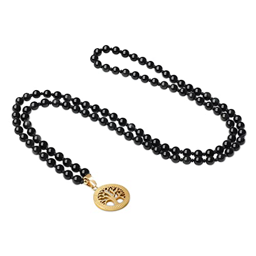 COAI Geschenkideen Unisex Verknotete 108 Mala Kette Meditationskette Gebetskette aus Regenbogen Obsidian mit Lebensbaum Charm von COAI