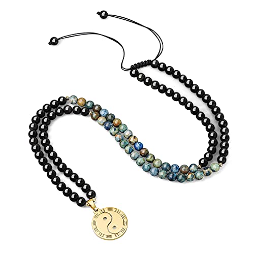 COAI Geschenkideen Unisex Verstellbare 108 Mala Buddhistische Halskette Gebetskette mit Yin Yang Bagua Anhänger aus Azurit und Obsidian von COAI
