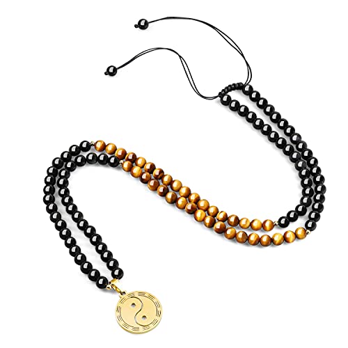COAI Geschenkideen Unisex Verstellbare 108 Mala Buddhistische Halskette Gebetskette mit Yin Yang Bagua Anhänger aus Tigerauge und Obsidian von COAI