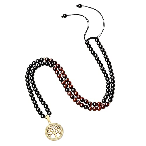 COAI Geschenkideen Unisex Verstellbare 108 Mala Kette Gebetskette aus Rotem Tigerauge und Obsidian mit Lebensbaum Charm von COAI