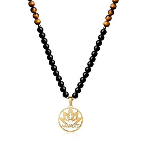 COAI Geschenkideen Unisex Verstellbare 108 Mala Yoga Halskette Gebetskette mit Namaste Anhänger aus Tigerauge und Obsidian von COAI