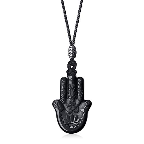 COAI Geschenkideen Unisex Verstellbare Lange Kette aus Obsidian Anhänger mit Gravur Hamsa Hand der Fatima mit Silber Charm COAI Geschenkideen Unisex Verstellbare Lange Kette aus Obsidian Anhänger mit Gravur Hamsa Hand der Fatima mit Silber Charm von COAI