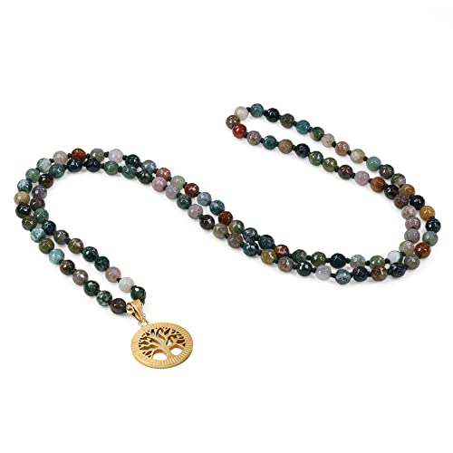 COAI Geschenkideen Verknotete 108 Mala Meditationskette Gebetskette aus Facettiertem Indischem Achat mit Lebensbaum Charm von COAI