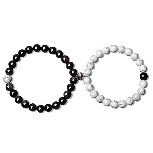COAI Geschenkideen Ying Yang Armbänder aus Obsidian und Howlith mit 925 Silber Magnet Charm für Liebhaber von COAI