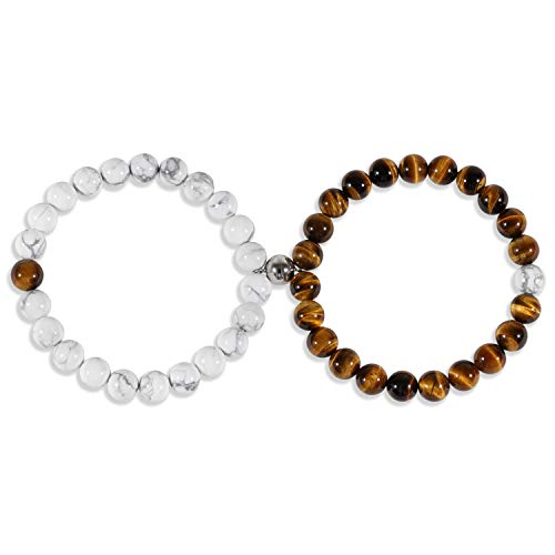 COAI Geschenkideen Ying Yang Armbänder aus Tigerauge und Howlith mit 925 Sterling Silber Magnet Charm für Paare von COAI