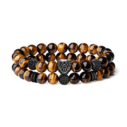 COAI Herren Geschenkideen Glücksarmband aus Tigerauge mit CZ Pave Löwe Charm 2PCS von COAI