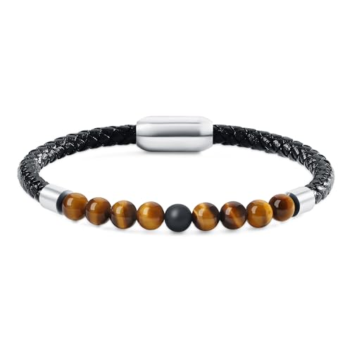 COAI Herren Leder Armband mit Naturstein Tigerauge Onyx Perlen M von COAI