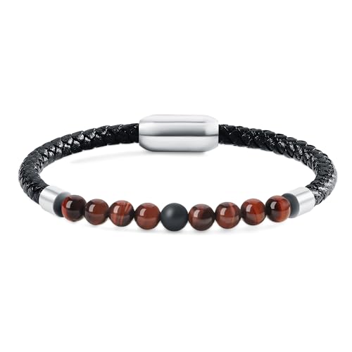 COAI Herren Schwarz Armband aus echtem Leder mit rotes Tigerauge Onyxperlen L von COAI