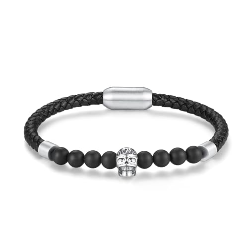 COAI Herren Schwarz Totenkopf Armband aus echtem Leder mit Onyx Perlen L von COAI