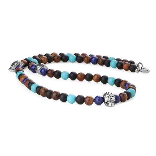 COAI Herren Totenkopf Skull Halskette Naturstein Lapislazuli Onyx Türkis und Holz Perlenkette 50cm von COAI