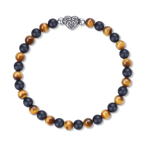 COAI Herz Magnetarmband mit AAA Tigerauge Perlen und mattiertem Onyx Edelstein Armband für Damen Herren Größe M von COAI