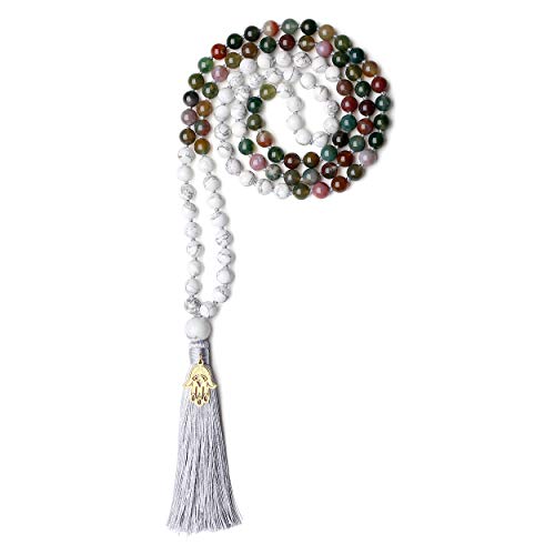 COAI Unisex Handgeknüpft 108 Mala Buddhistische Halskette Gebetskette aus Howlith und Indischer Achat mit Quaste und Hamsa Hand Charm von COAI