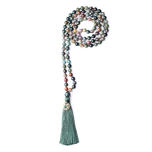 COAI Unisex Handgeknüpft 108 Mala Yoga Kette Buddhistische Halskette Gebetskette aus 6mm Facettiertem Indischem Achat mit Quaste und OM Anhänger von COAI