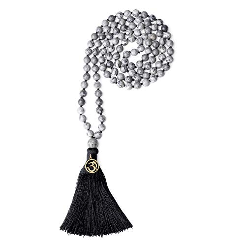 COAI Handgeknüpft 108 Mala Perlenkette Gebetskette aus 6mm Map Jasper Karte Jaspis mit Quaste und OM Anhänger Buddhistische Halskette für Damen Herren von COAI