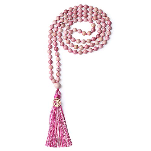 COAI Unisex Handgeknüpft 108 Mala Yoga Kette Buddhistische Halskette Gebetskette aus 6mm Rhodochrosit mit Quaste und OM Anhänger von COAI