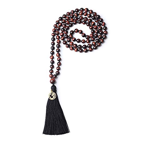 COAI Unisex Handgeknüpft 108 Mala Yoga Kette Buddhistische Halskette Gebetskette aus 6mm Rotem Tigerauge mit Quaste und OM Anhänger von COAI