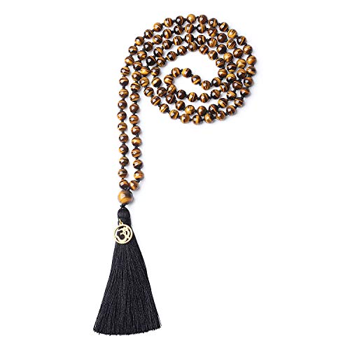 COAI Unisex Handgeknüpft 108 Mala Yoga Kette Buddhistische Halskette Gebetskette aus 6mm Tigerauge mit Quaste und OM Anhänger von COAI