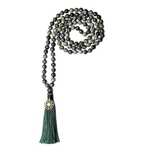 COAI Unisex Handgeknüpft 108 Mala Yoga Kette Buddhistische Halskette Gebetskette aus Zebra Jasper mit Quaste und Kompass Charm von COAI