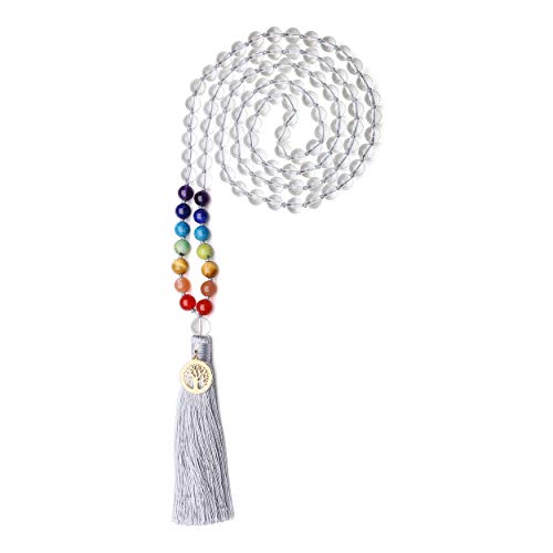 COAI Unisex Handgeknüpft 108 Mala Yoga Kette Gebetskette aus Bergkristall und 7 Chakren mit Quaste und Baum des Lebens Charm von COAI