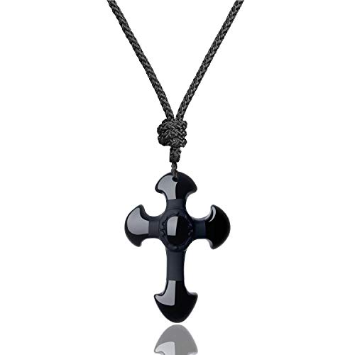 COAI Unisex Obsidian Glückskette mit Kreuz Anhänger Religiöse Kette und Christliche Halskette für Männer von COAI