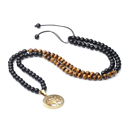 COAI Unisex Verstellbare 108 Mala Yoga Kette Buddhistische Halskette Gebetskette aus Tigerauge und Obsidian mit Baum des Lebens Anhänger von COAI