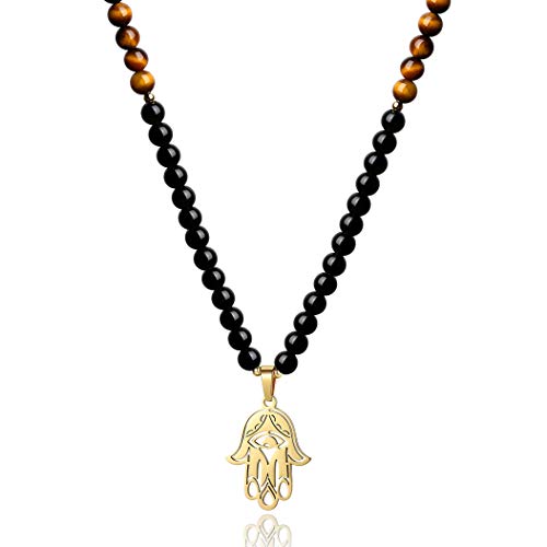 COAI Unisex Verstellbare 108 Mala Yoga Kette Buddhistische Halskette Gebetskette aus Tigerauge und Obsidian mit Fatimas Hand Anhänger von COAI