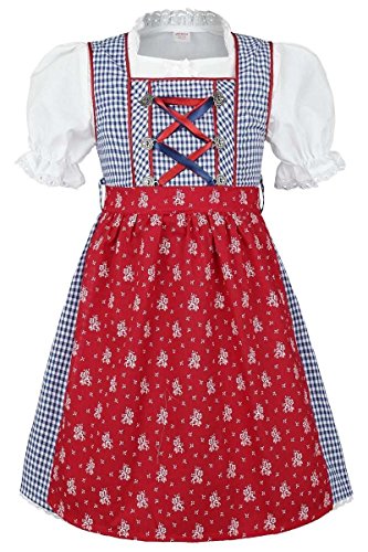 COALA Mädchen Kinderdirndl | 3-teiliges Set | mit Dirndl-Bluse und Dirndl-Schürze | blau rot, blau/rot, 134/140 von COALA