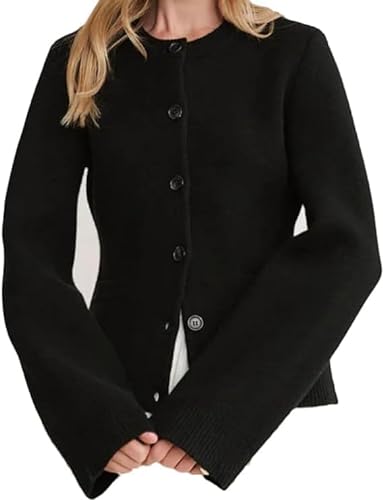 Slimming Button Cardigan Sweater, Ultra-Soft Button Cardigan, 2023 New Solid Color Versatile Round Neck Sweater for Women (Black,L) von COALHO