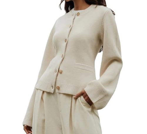 Slimming Button Cardigan Sweater, Ultra-Soft Button Cardigan, 2023 New Solid Color Versatile Round Neck Sweater for Women (White,M) von COALHO