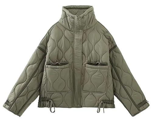 Women's Oversized Quilted Puffer Jacket Stand Collar Zip Up Lightweight Cropped Padded Winter Coat with Pockets (ArmyGreen,X-Small) von COALHO