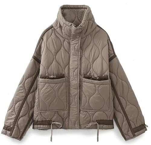 Women's Oversized Quilted Puffer Jacket Stand Collar Zip Up Lightweight Cropped Padded Winter Coat with Pockets (Khaki,Medium) von COALHO