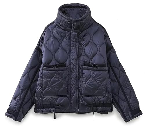 Women's Oversized Quilted Puffer Jacket Stand Collar Zip Up Lightweight Cropped Padded Winter Coat with Pockets (Navy blue,Medium) von COALHO