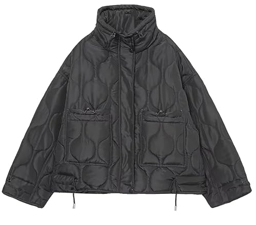 Women's Oversized Quilted Puffer Jacket Stand Collar Zip Up Lightweight Cropped Padded Winter Coat with Pockets (black,Medium) von COALHO