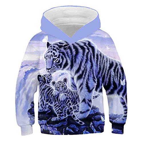 COAOBO Kinder Hoodie 3D Druck，3D Tiger Kinder Hoodie Jungen Mädchen Dünne Sweatshirt Hut Tiger Print Teenager Jungen Mädchen Hoodie Pullover-140Cm von COAOBO